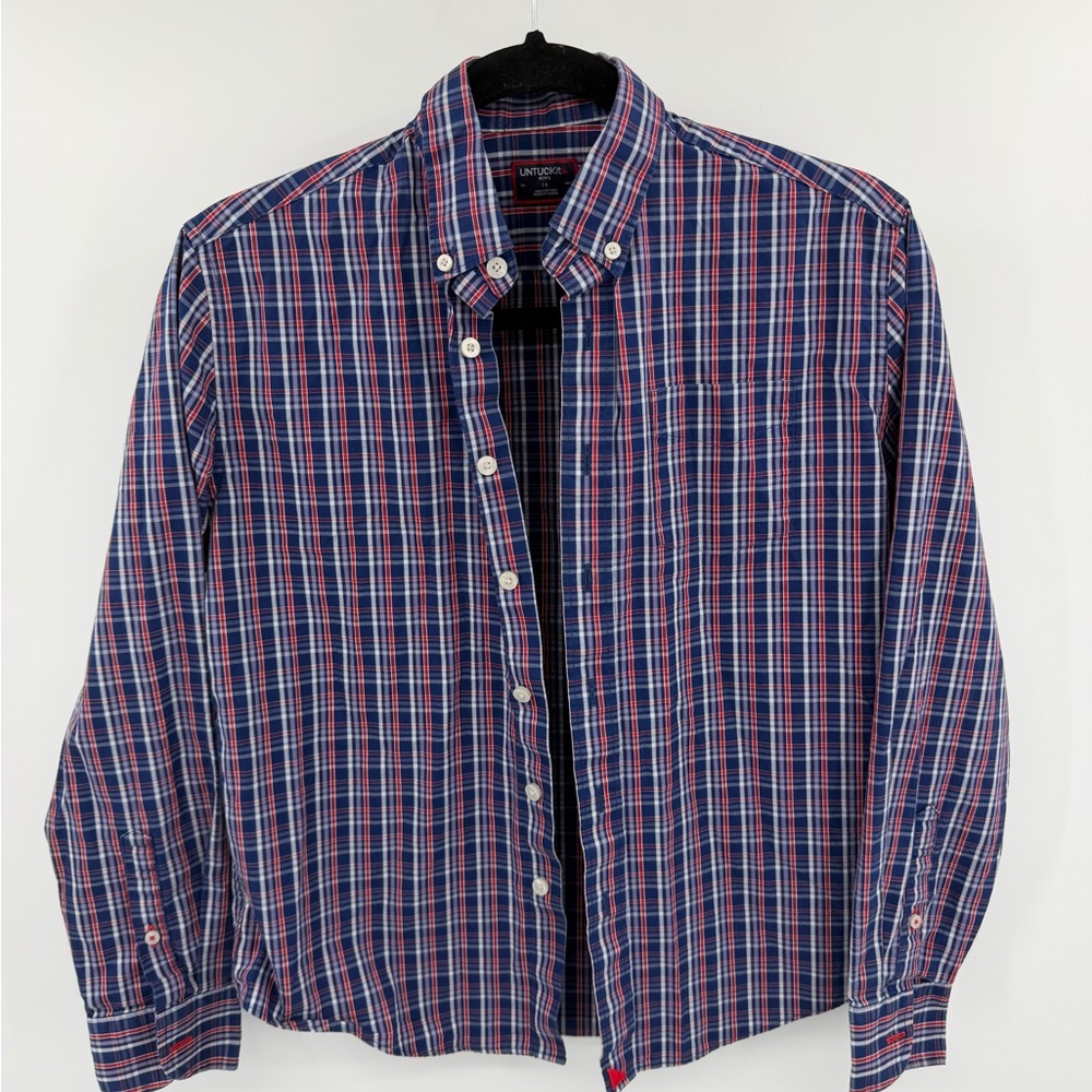 Untuckit Boys Plaid Blue Red Button Down Dress Shirt 100%‎ Cotton Size 14